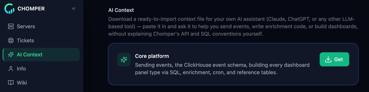Chomper customer portal — AI Context tab: download a ready-made context file for your own AI assistant